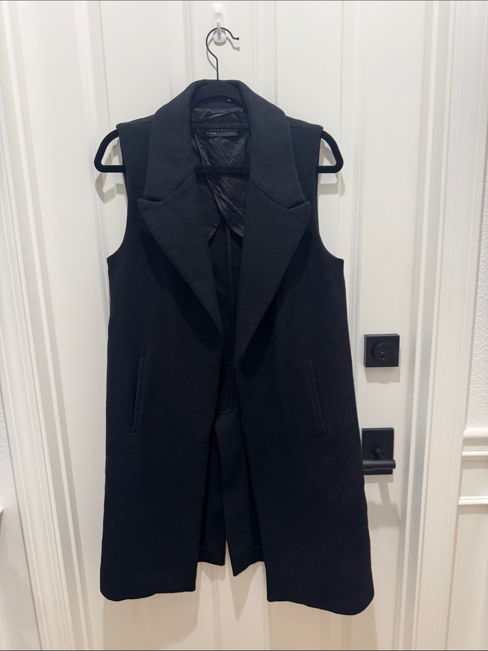 Zara Black Sleeveless Longline Vest Coat with Notch Lapels